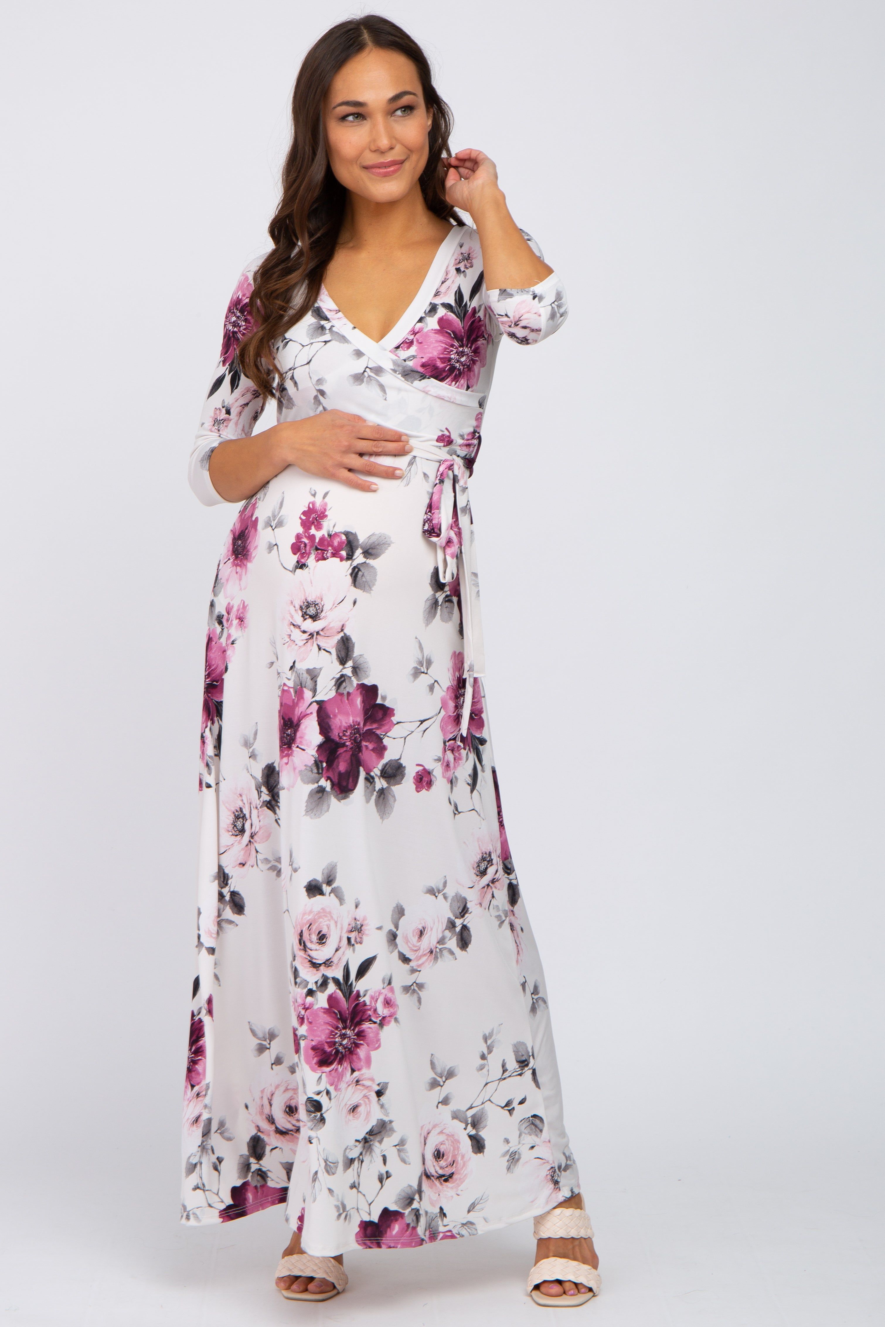 Cream Floral Maternity Wrap Maxi Dress sold by Pinkblush