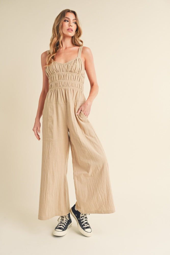Oat Smocked Jumpsuit sold by Pinkblush