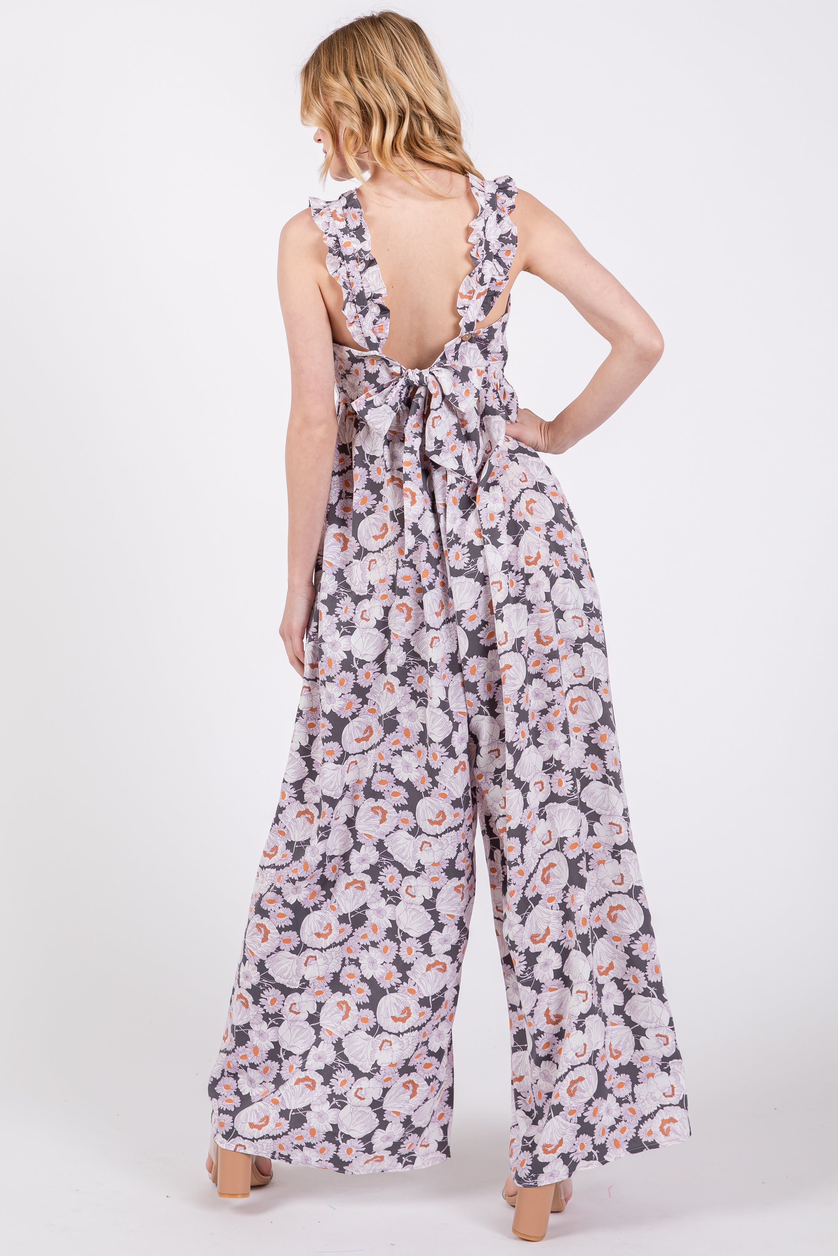 Charcoal Floral Sleeveless Tie Back Jumpsuit sold by Pinkblush product image thumbnail 3