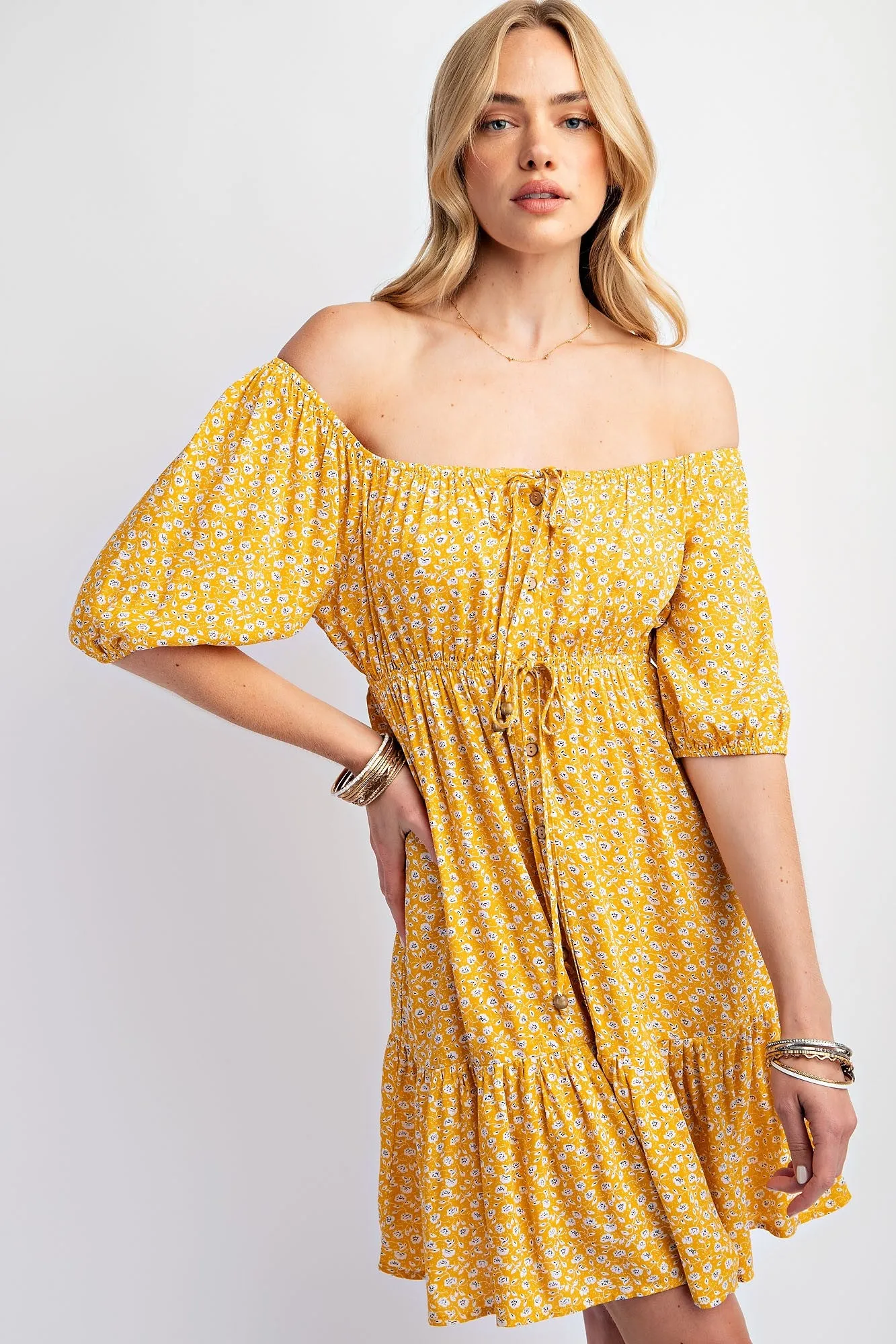 Yellow Floral Button Front Drawstring Waist Ruffle Dress sold by Pinkblush