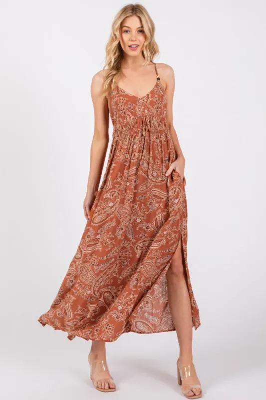 Rust Paisley Side Slit Maxi Dress sold by Pinkblush