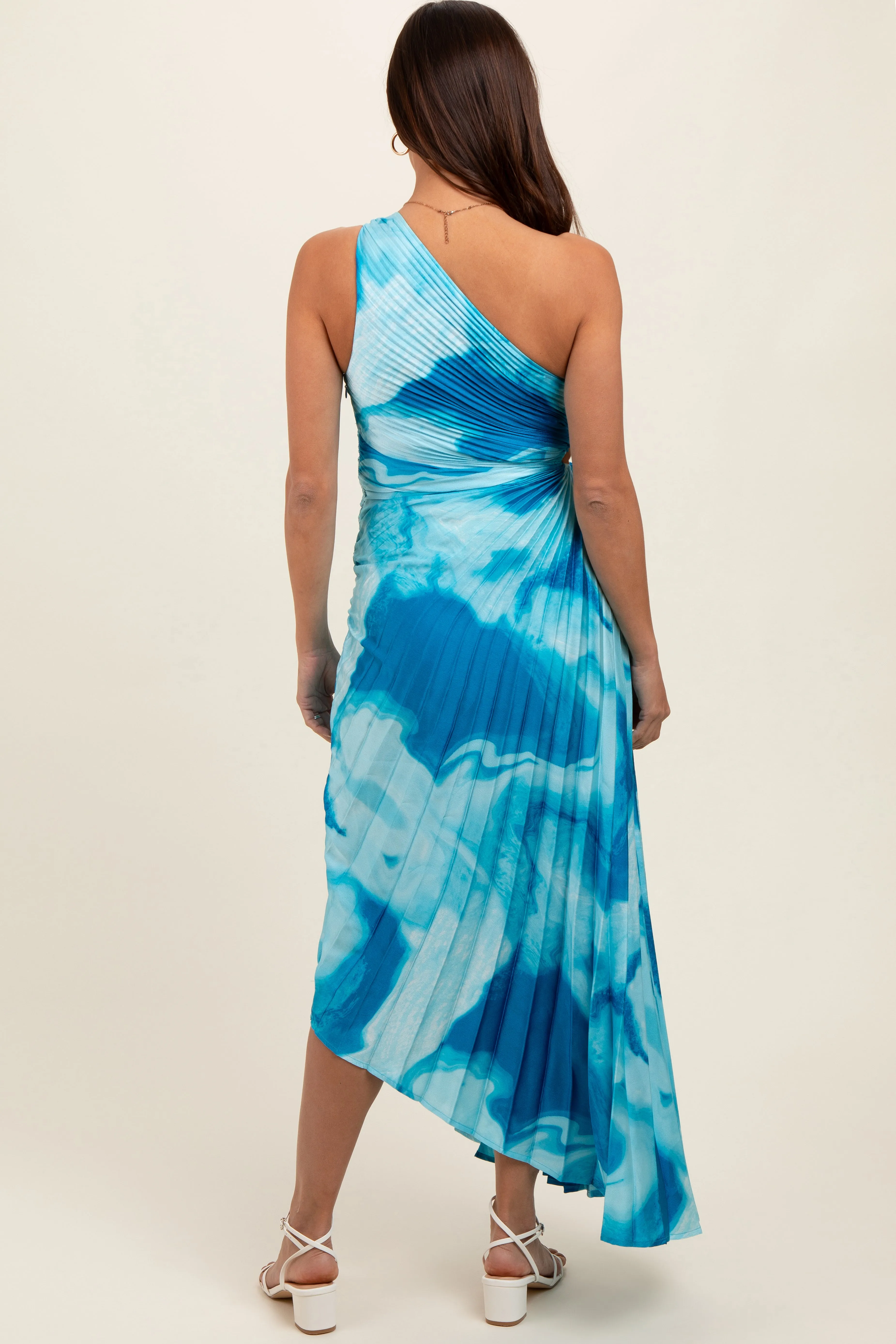 Blue Watercolor Satin Pleated One-Shoulder Asymmetrical Maternity Midi Dress sold by Pinkblush product image thumbnail 3