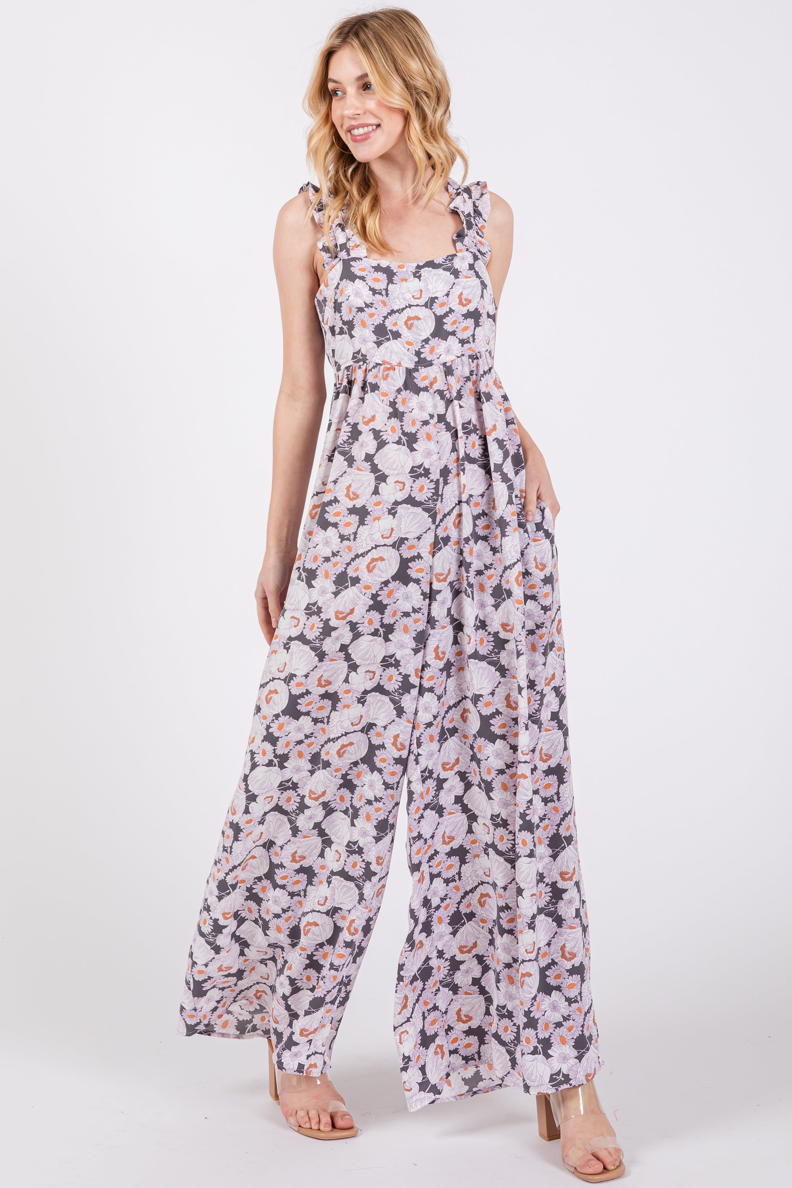 Charcoal Floral Sleeveless Tie Back Jumpsuit sold by Pinkblush