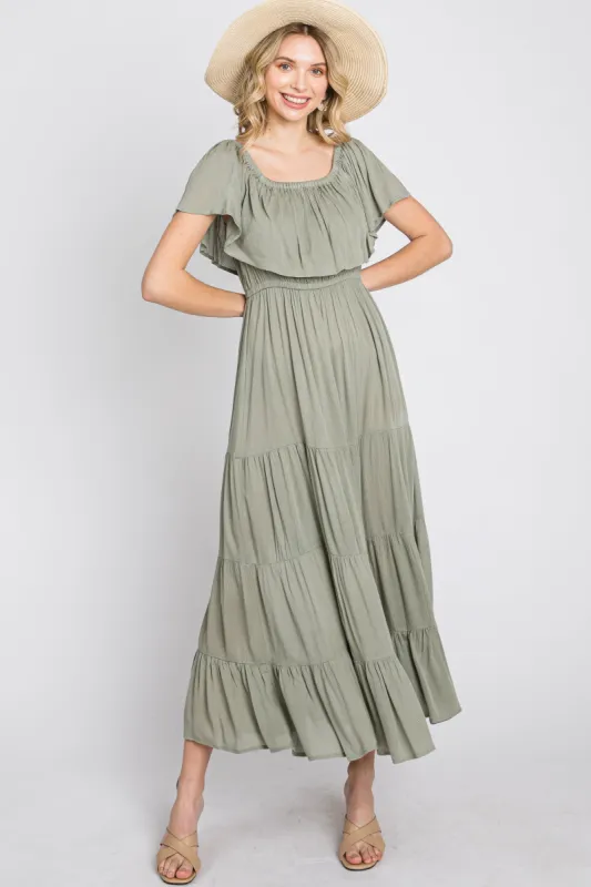 Light Olive Off Shoulder Tired Maxi Dress sold by Pinkblush