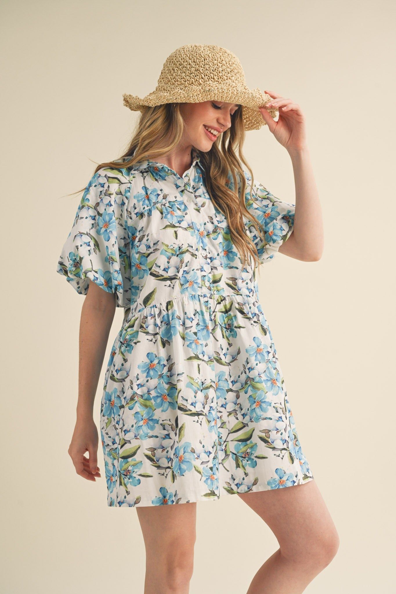 Blue Multi Floral Button Down Babydoll Mini Dress sold by Pinkblush