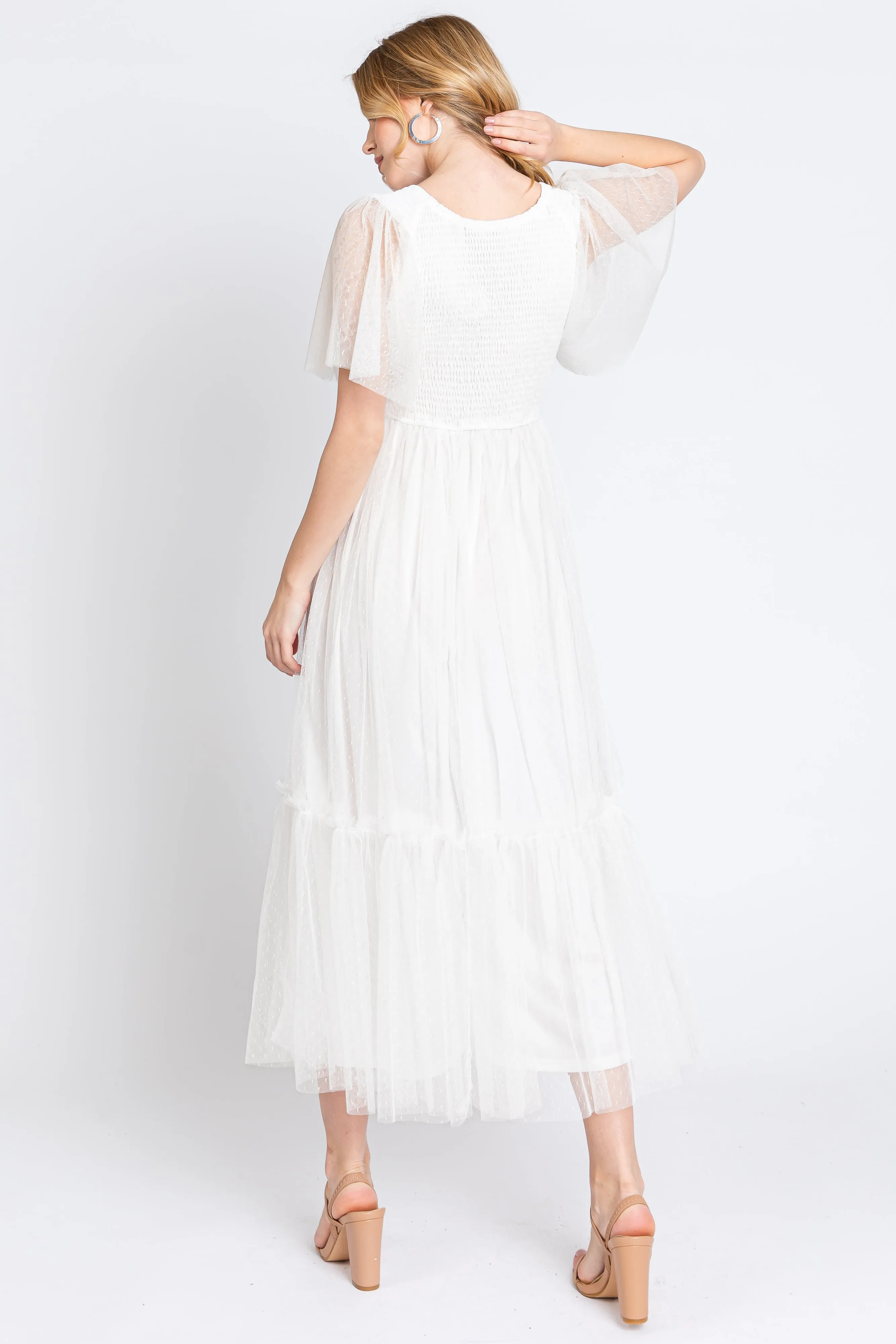 White Dotted Tulle Smocked Midi Dress sold by Pinkblush product image thumbnail 3