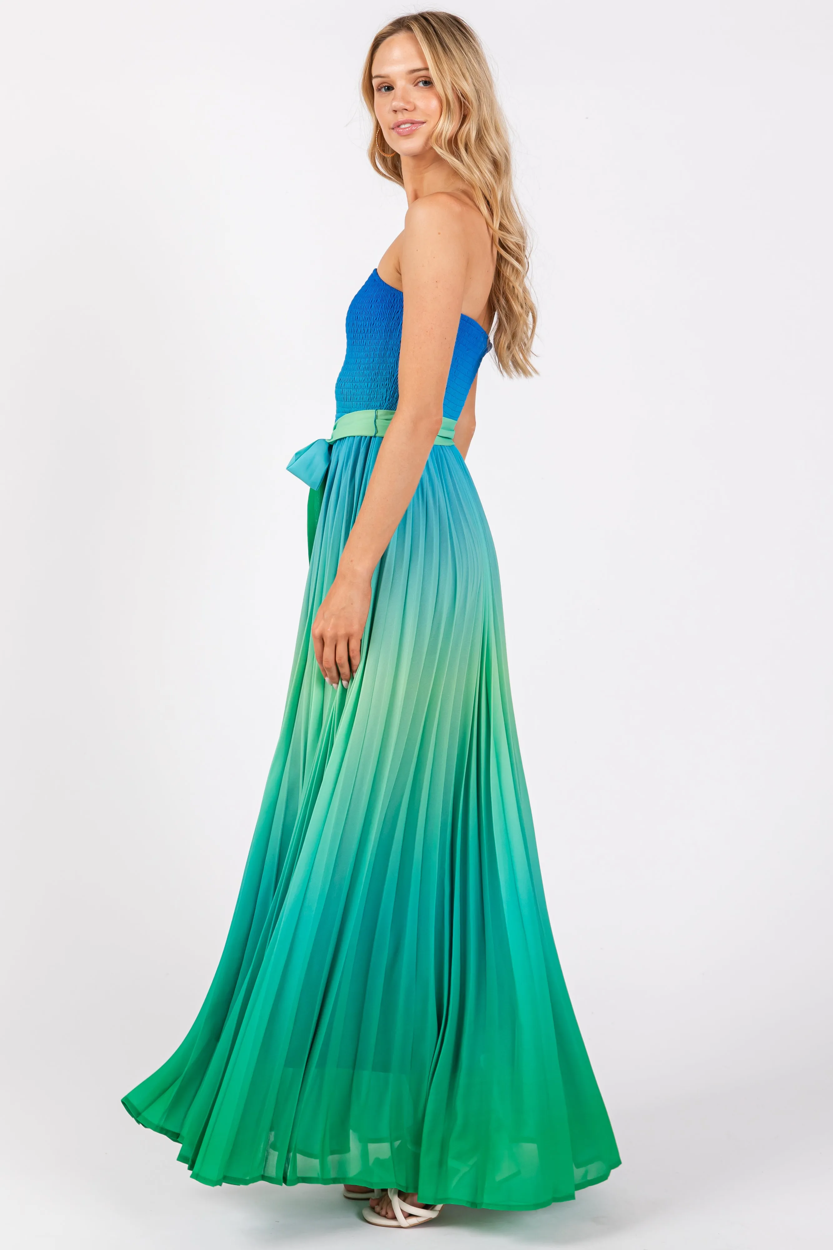 Blue Green Ombre Strapless Pleated Maxi Dress sold by Pinkblush product image thumbnail 2