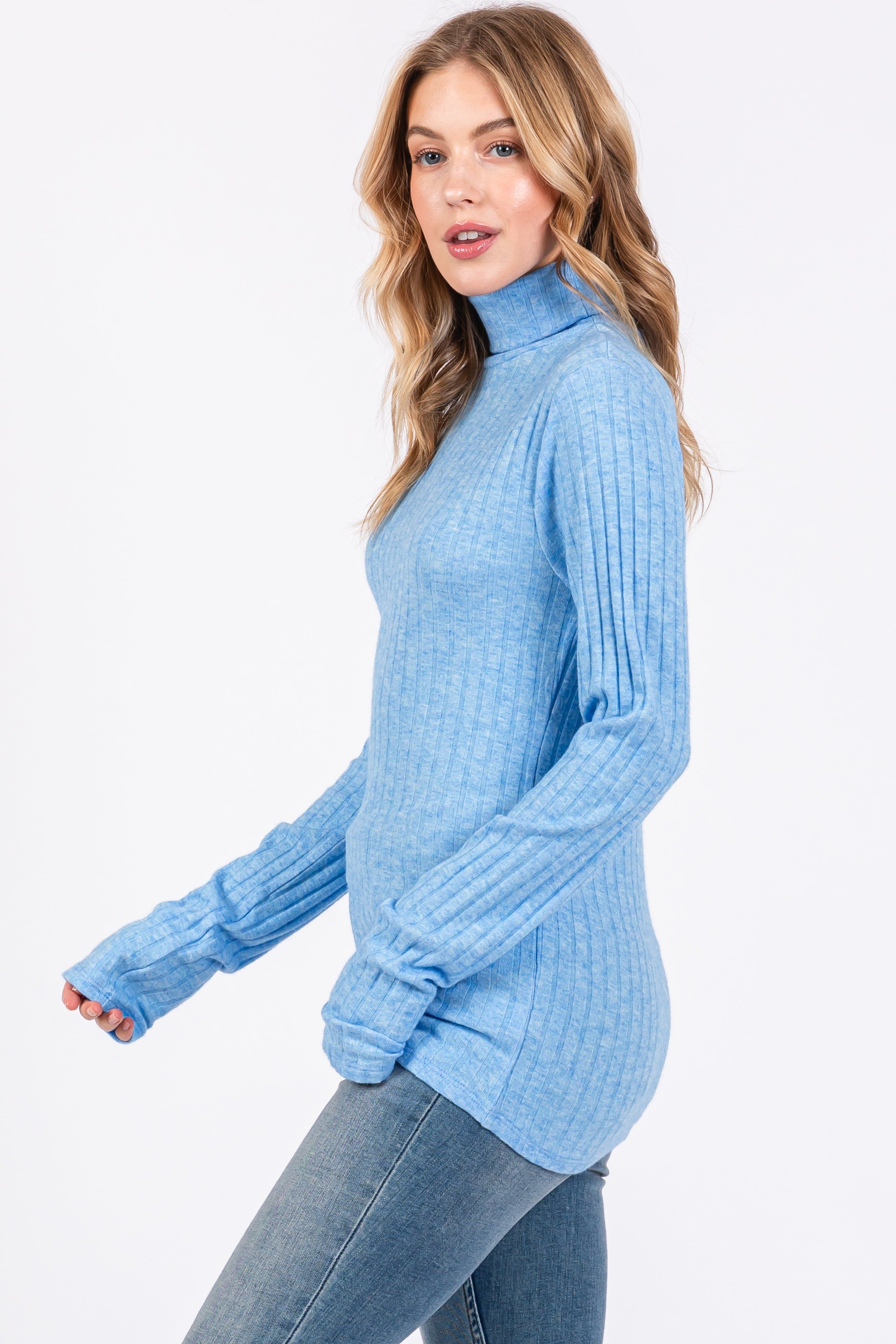 Light Blue Ribbed Long Sleeve Turtle Neck Top sold by Pinkblush product image thumbnail 2