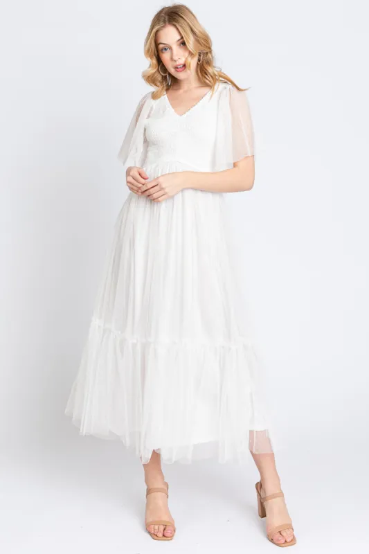 White Dotted Tulle Smocked Midi Dress sold by Pinkblush