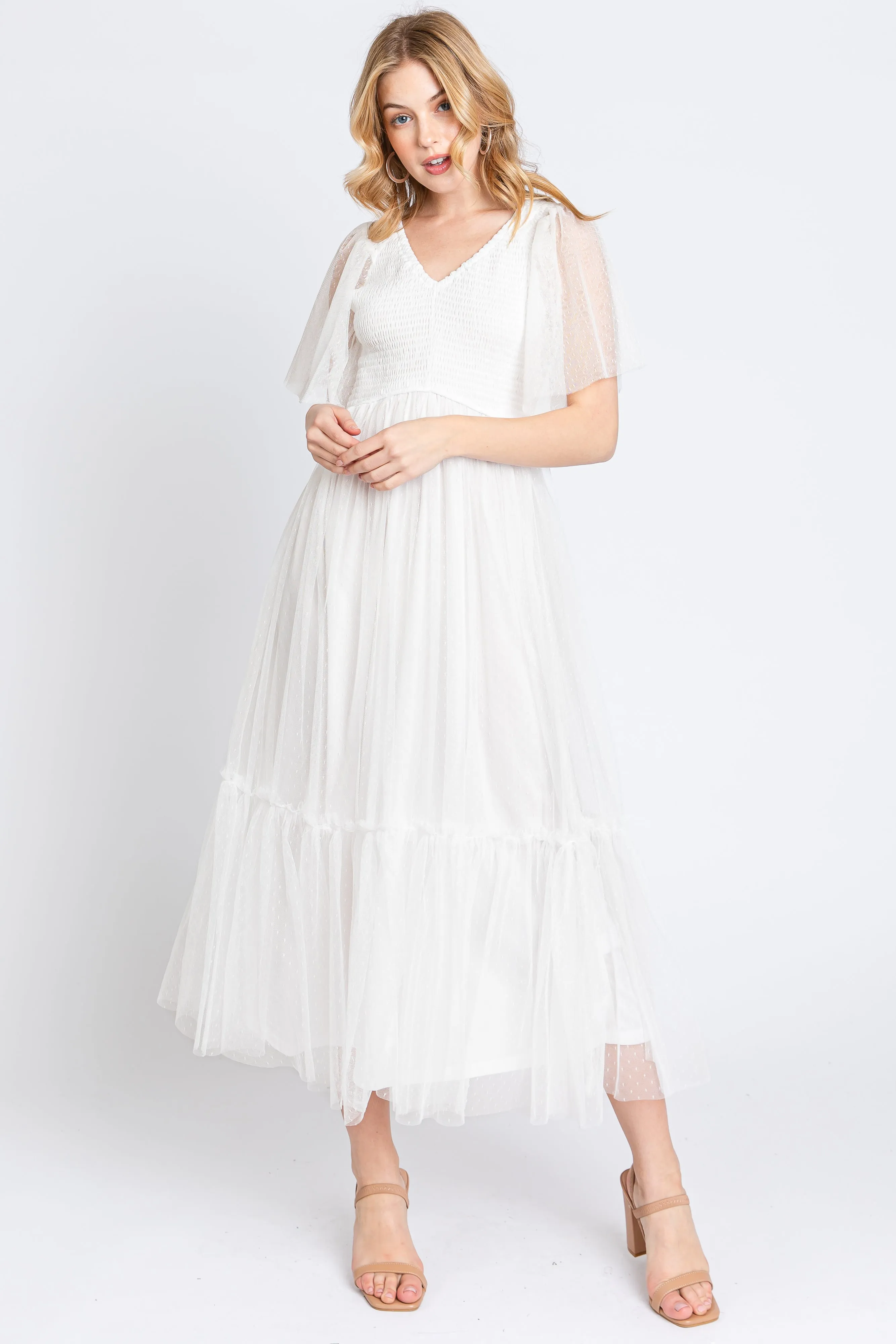White Dotted Tulle Smocked Midi Dress sold by Pinkblush