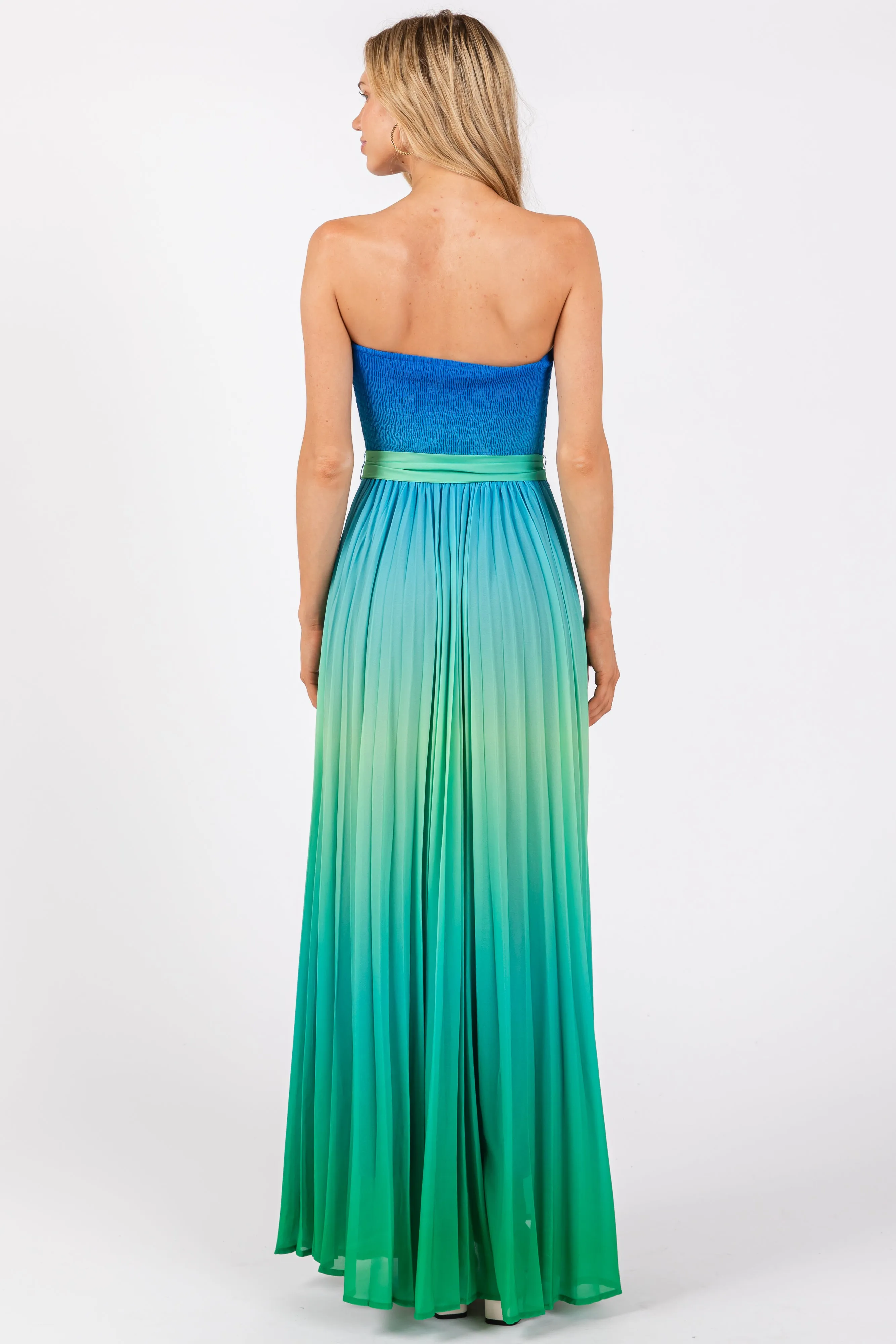 Blue Green Ombre Strapless Pleated Maxi Dress sold by Pinkblush product image thumbnail 3
