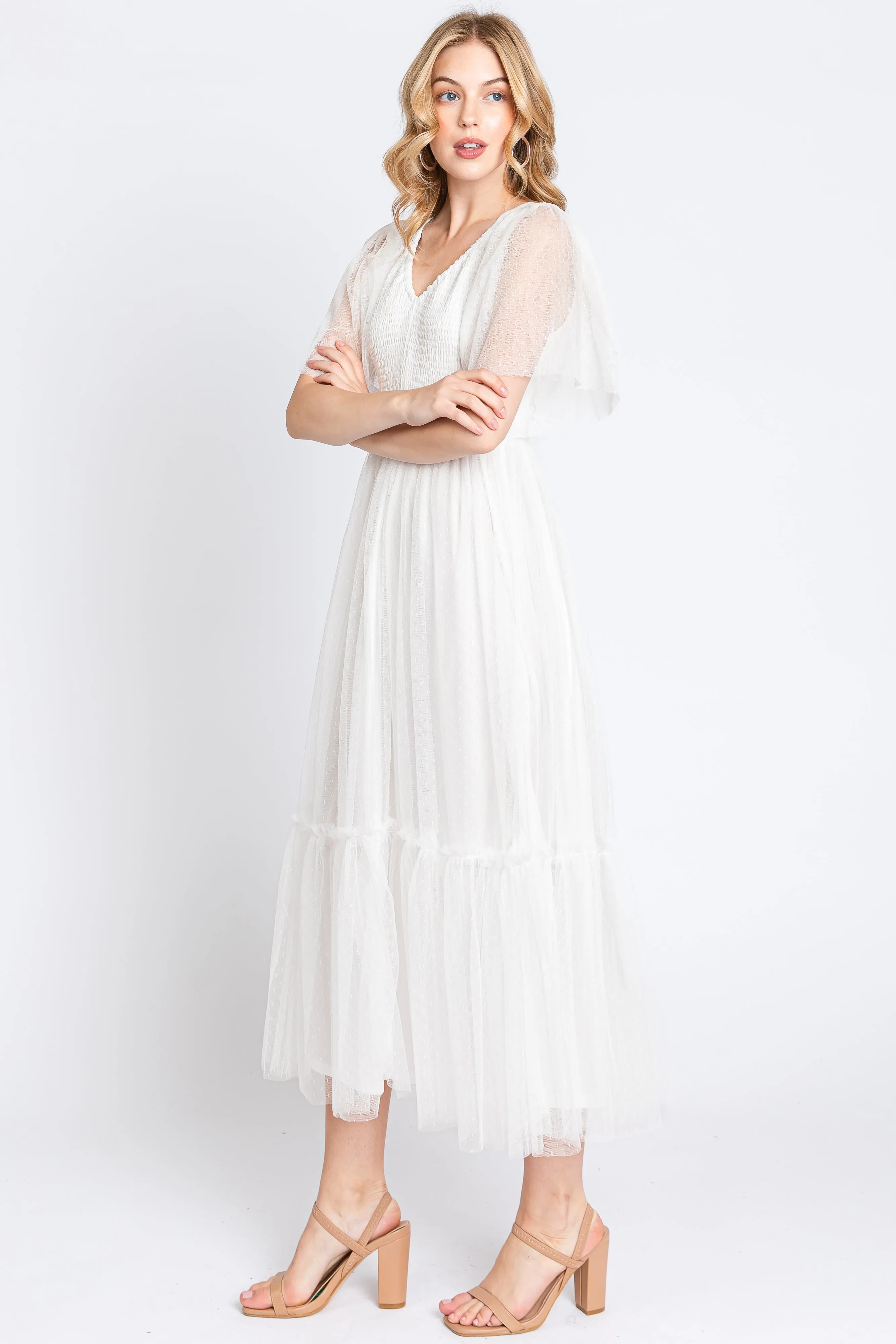 White Dotted Tulle Smocked Midi Dress sold by Pinkblush product image thumbnail 2