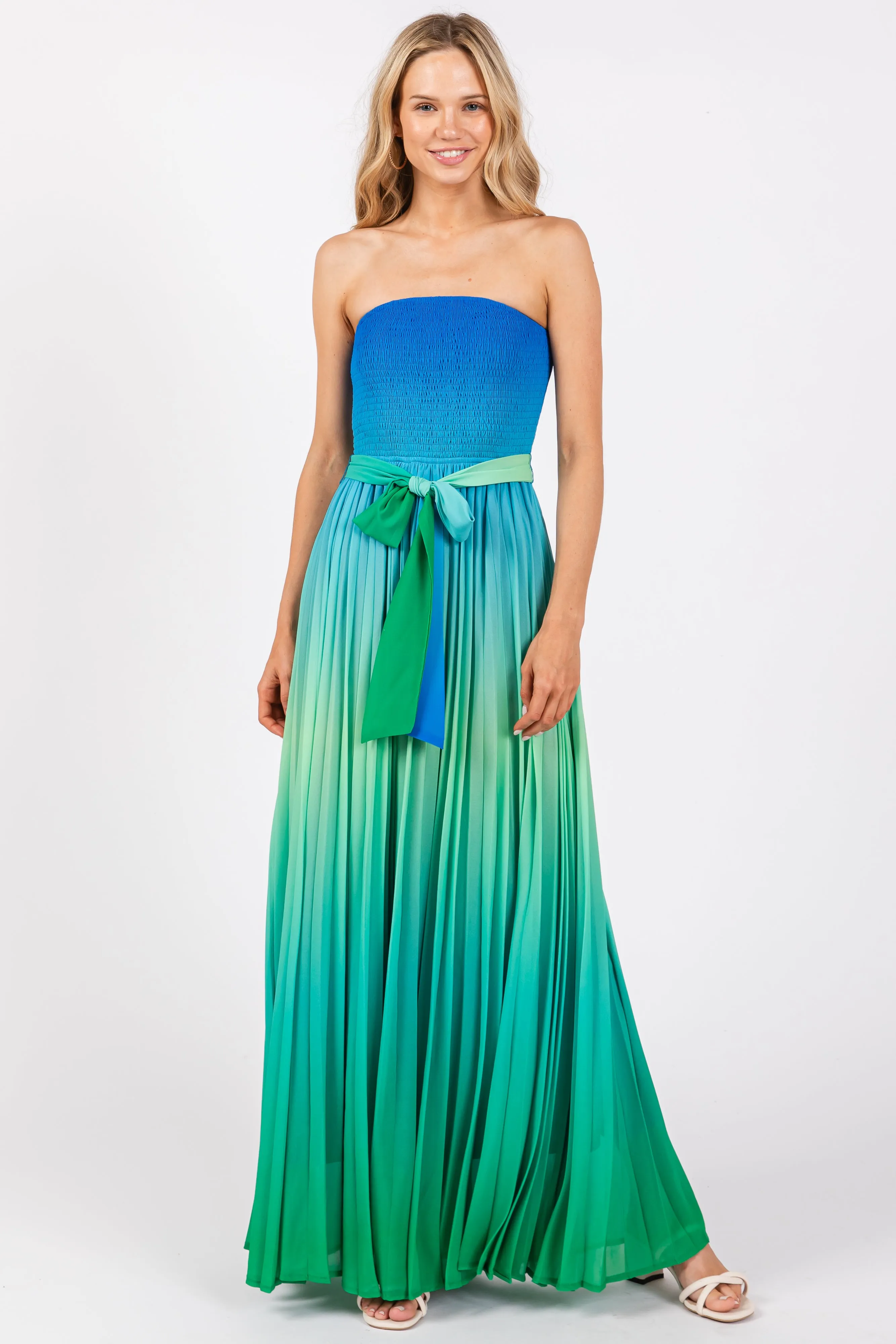 Blue Green Ombre Strapless Pleated Maxi Dress sold by Pinkblush