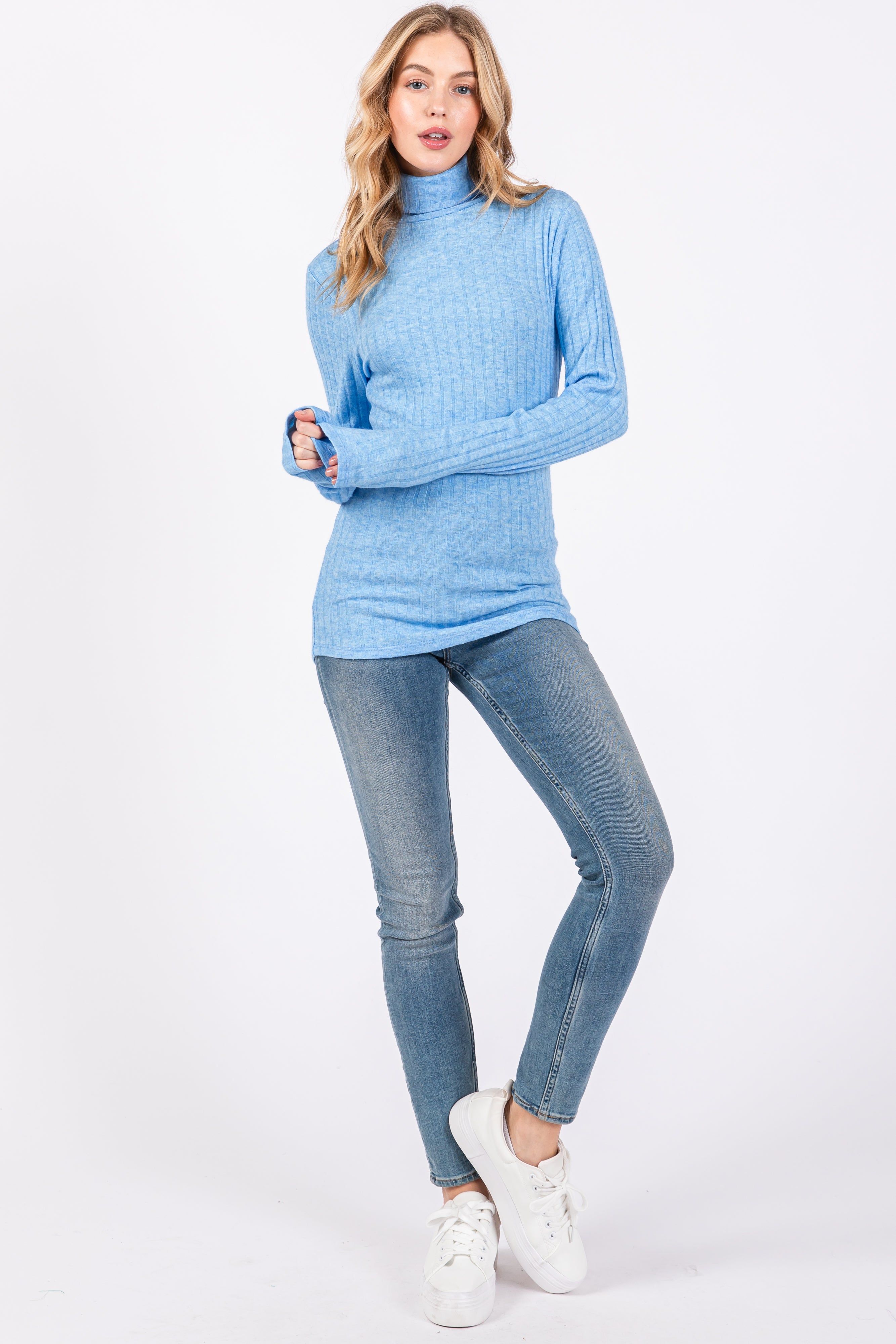 Light Blue Ribbed Long Sleeve Turtle Neck Top sold by Pinkblush product image thumbnail 4