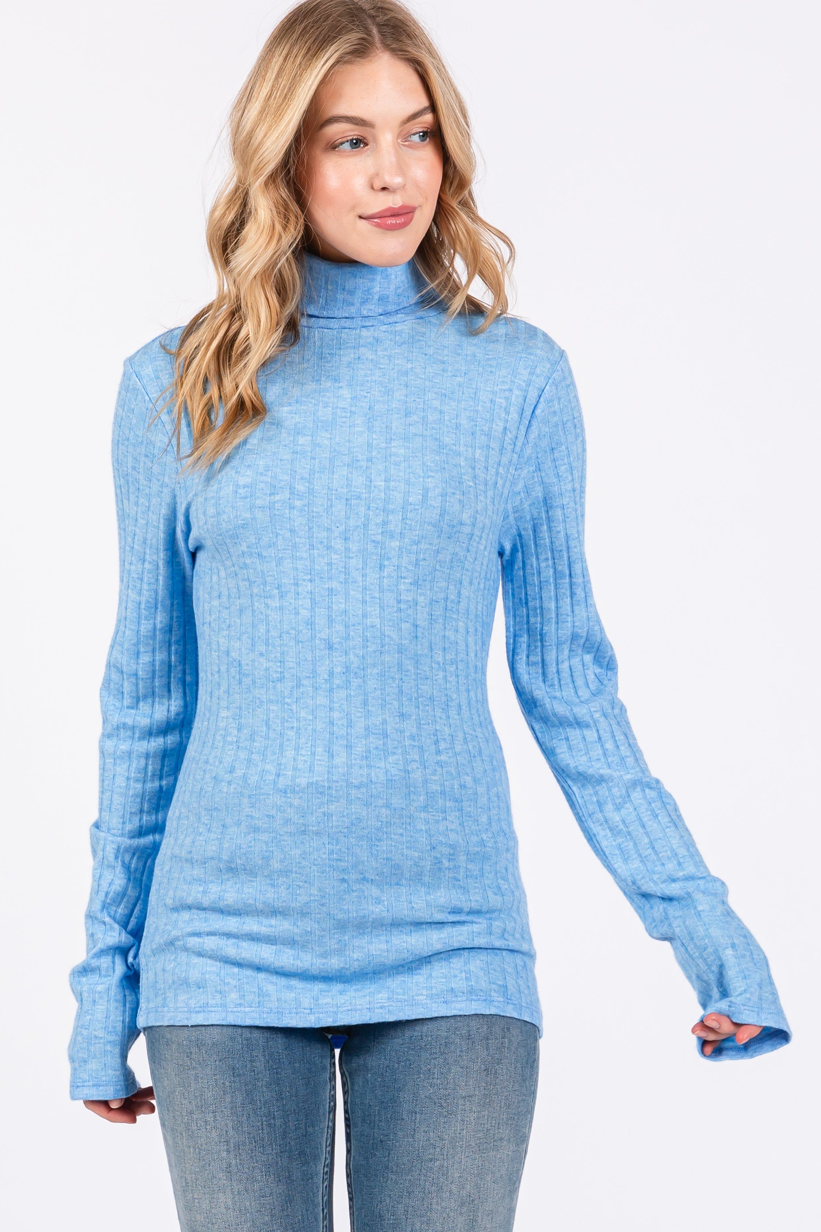 Light Blue Ribbed Long Sleeve Turtle Neck Top sold by Pinkblush