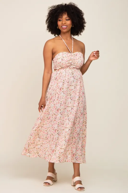 Light Pink Floral Halter Tie Open Back Midi Dress sold by Pinkblush