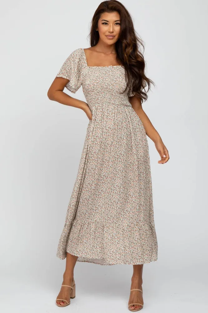 Ivory Floral Smocked Maxi Dress sold by Pinkblush