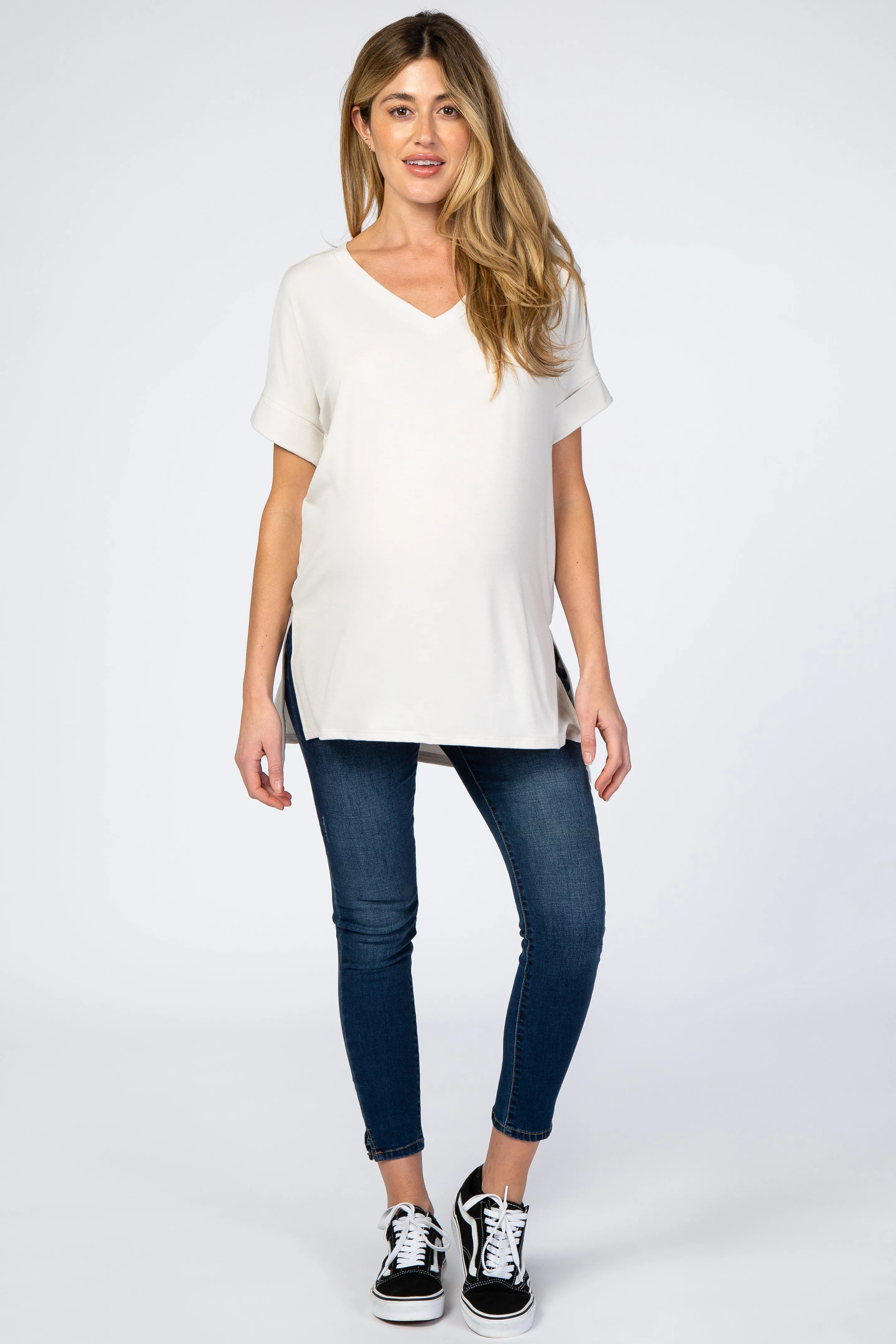 Light Beige V-Neck Cuffed Short Sleeve Maternity Top sold by Pinkblush product image thumbnail 4
