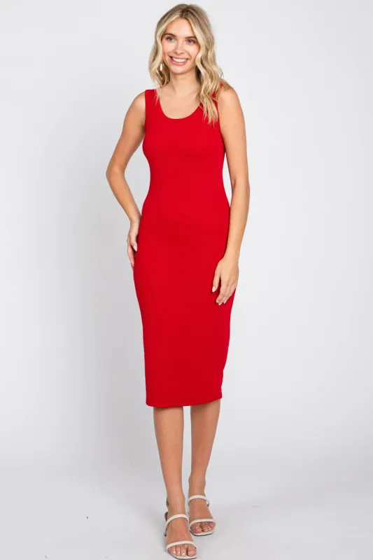 Red Ribbed Fitted Midi Dress sold by Pinkblush