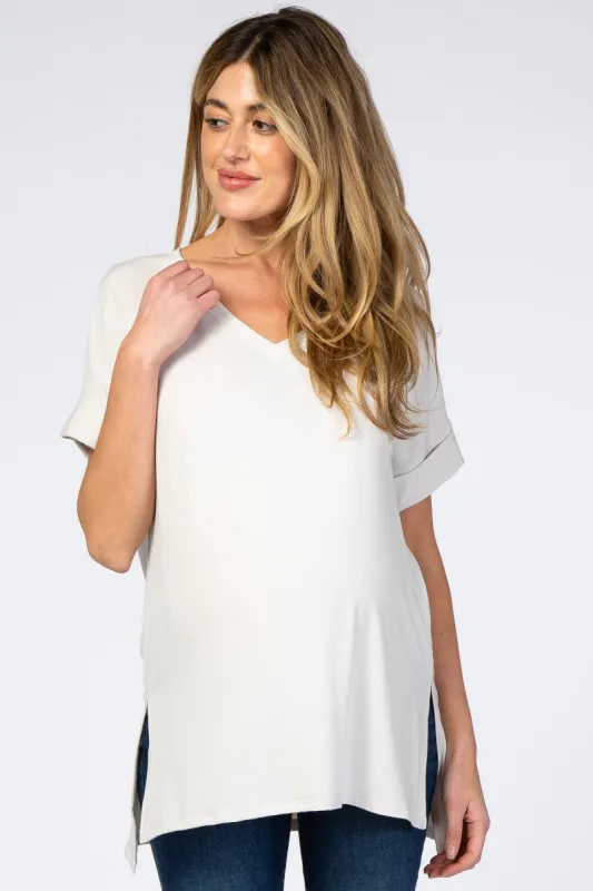 Light Beige V-Neck Cuffed Short Sleeve Maternity Top sold by Pinkblush