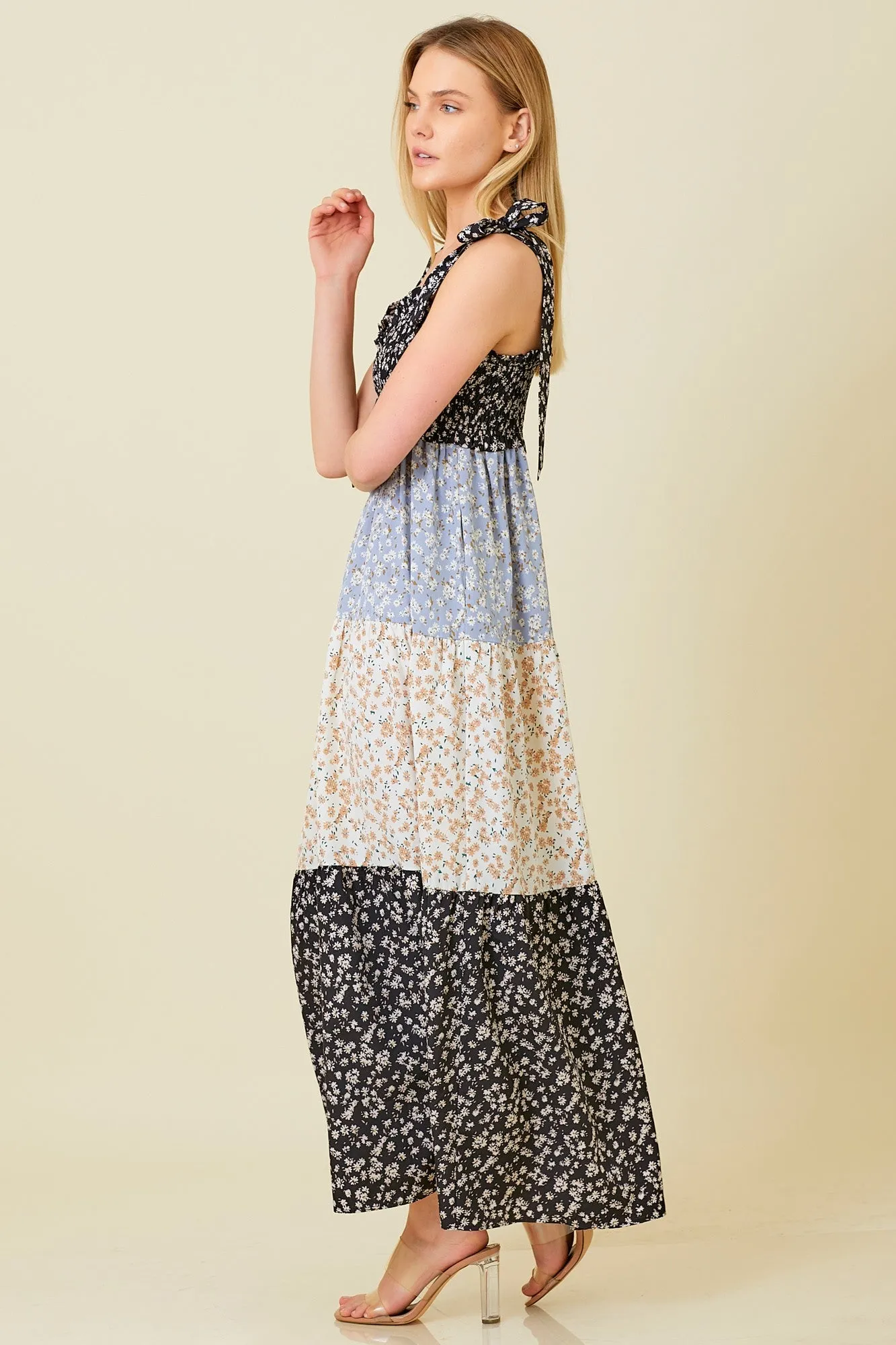 Multicolor Floral Colorblock Tier Shoulder Tie Maxi Dress sold by Pinkblush product image thumbnail 2