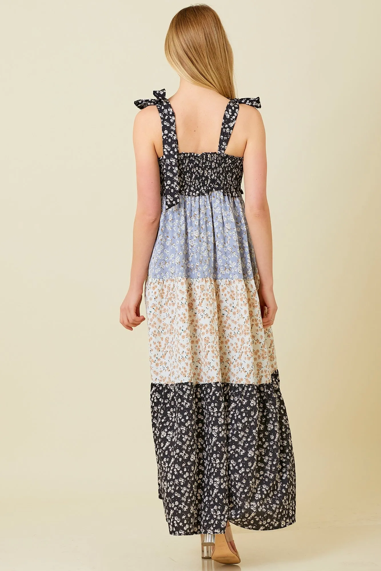 Multicolor Floral Colorblock Tier Shoulder Tie Maxi Dress sold by Pinkblush product image thumbnail 3