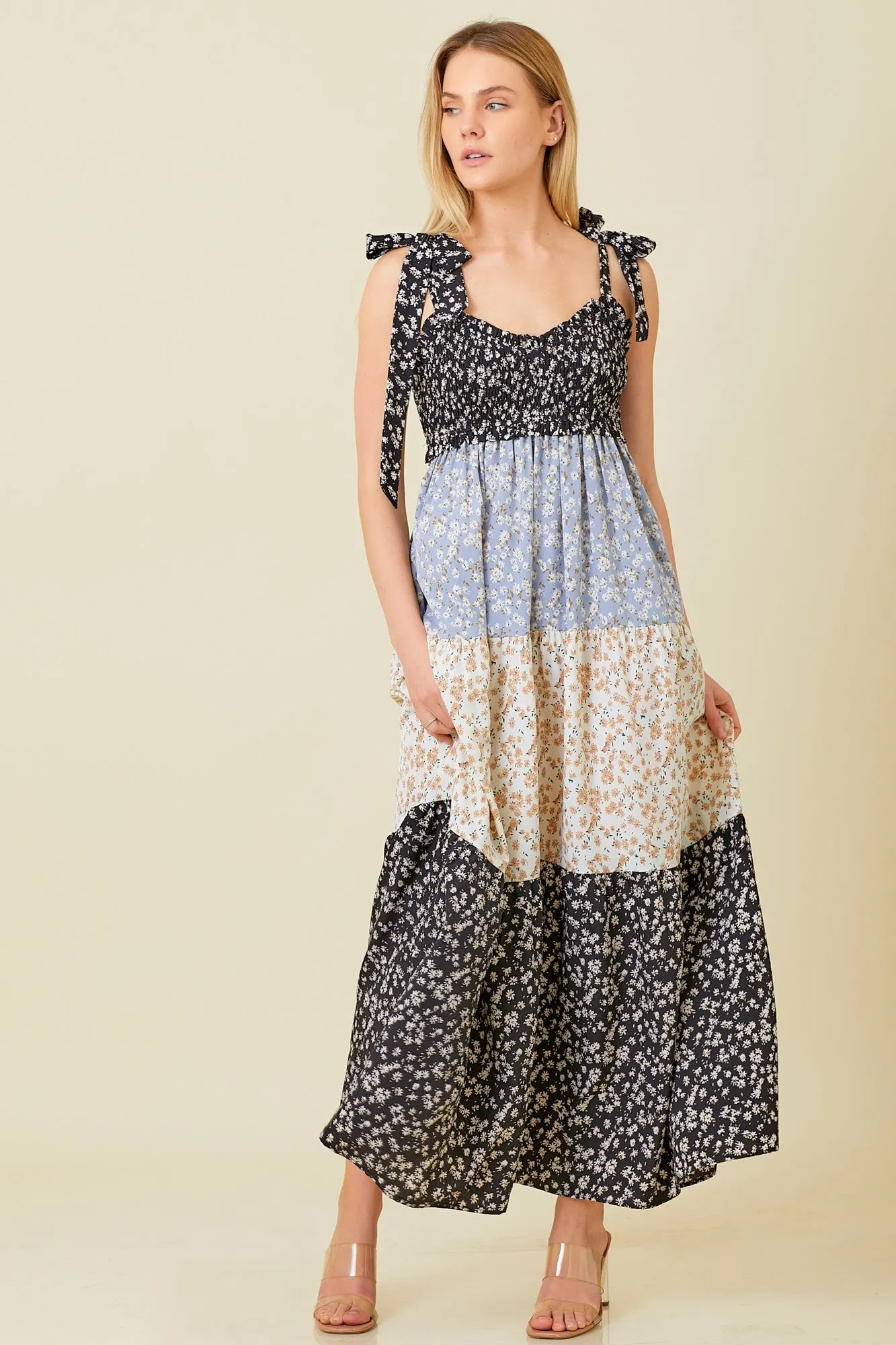 Multicolor Floral Colorblock Tier Shoulder Tie Maxi Dress sold by Pinkblush
