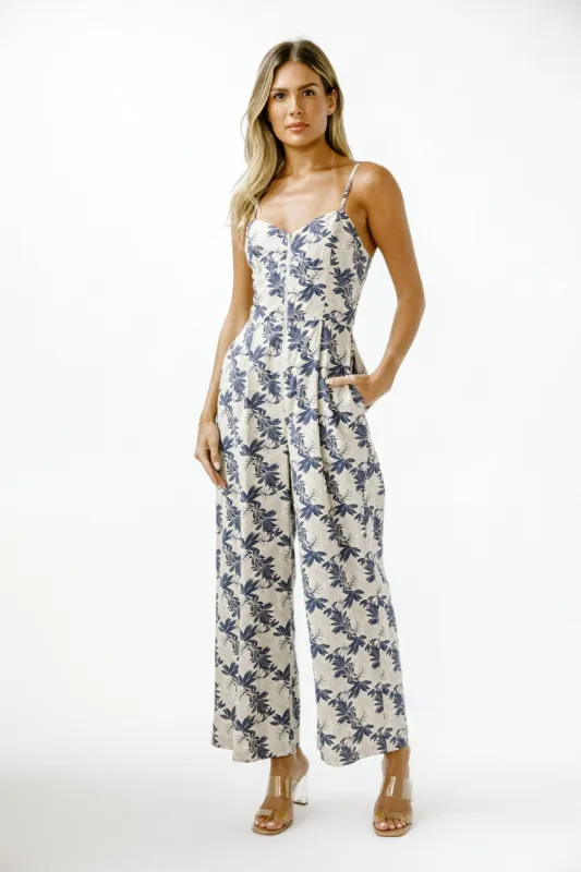 Grey Navy Tropical Leaves Print Jumpsuit sold by Pinkblush