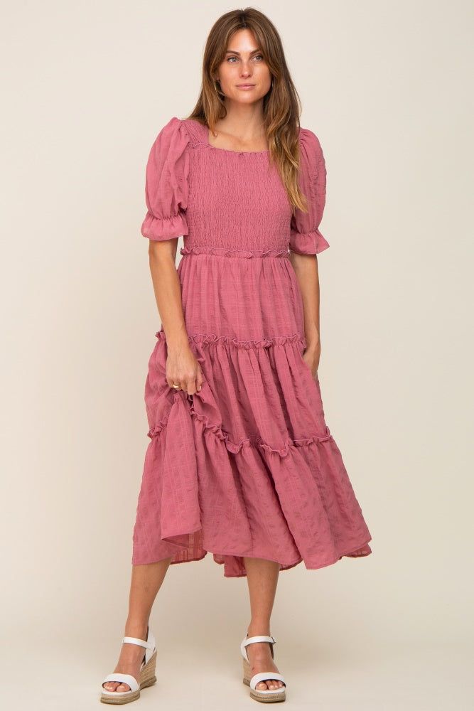 Mauve Smocked Puff Sleeve Tiered Midi Dress sold by Pinkblush product image thumbnail 5