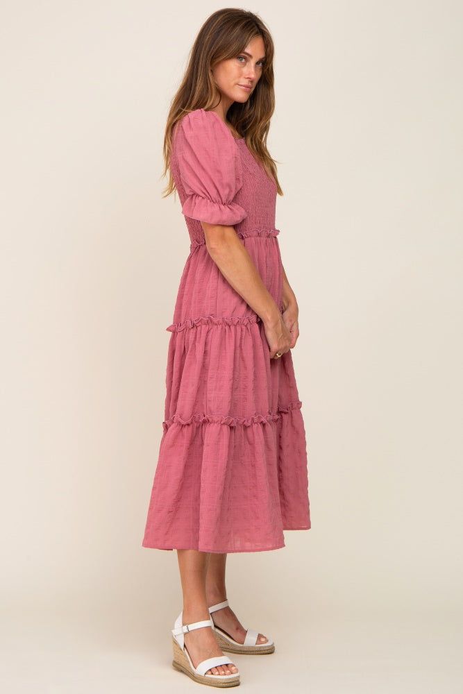 Mauve Smocked Puff Sleeve Tiered Midi Dress sold by Pinkblush product image thumbnail 2