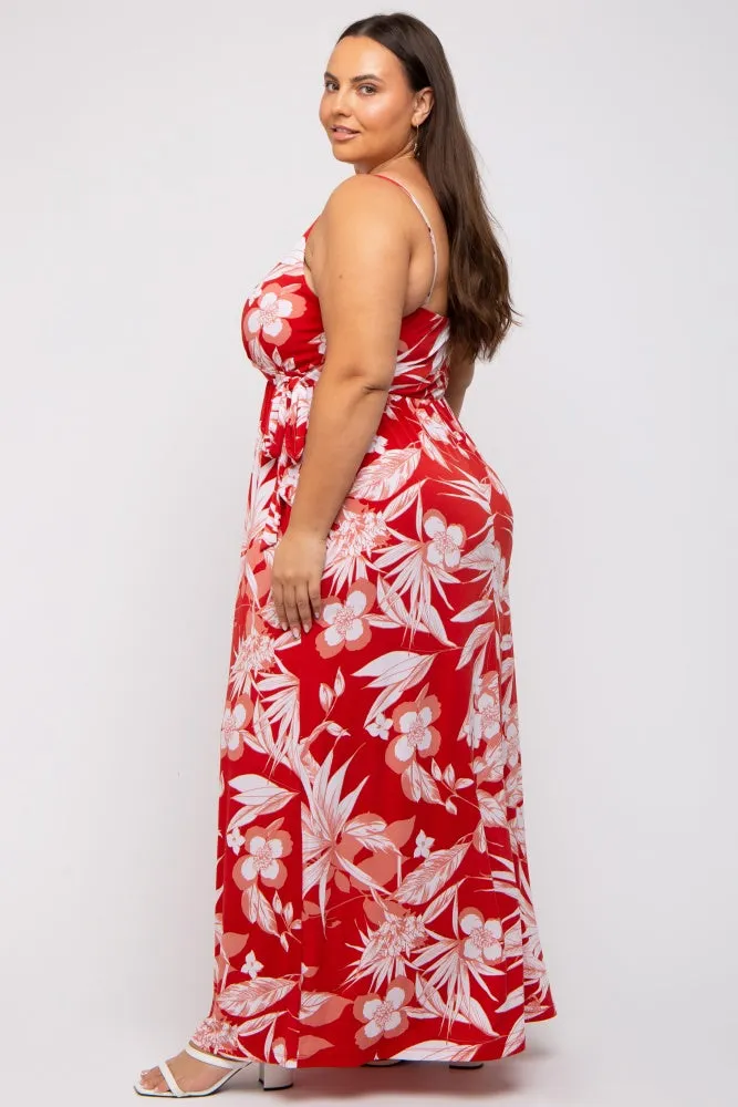 Red Floral Palm Print Wrap Plus Maxi Dress sold by Pinkblush product image thumbnail 3