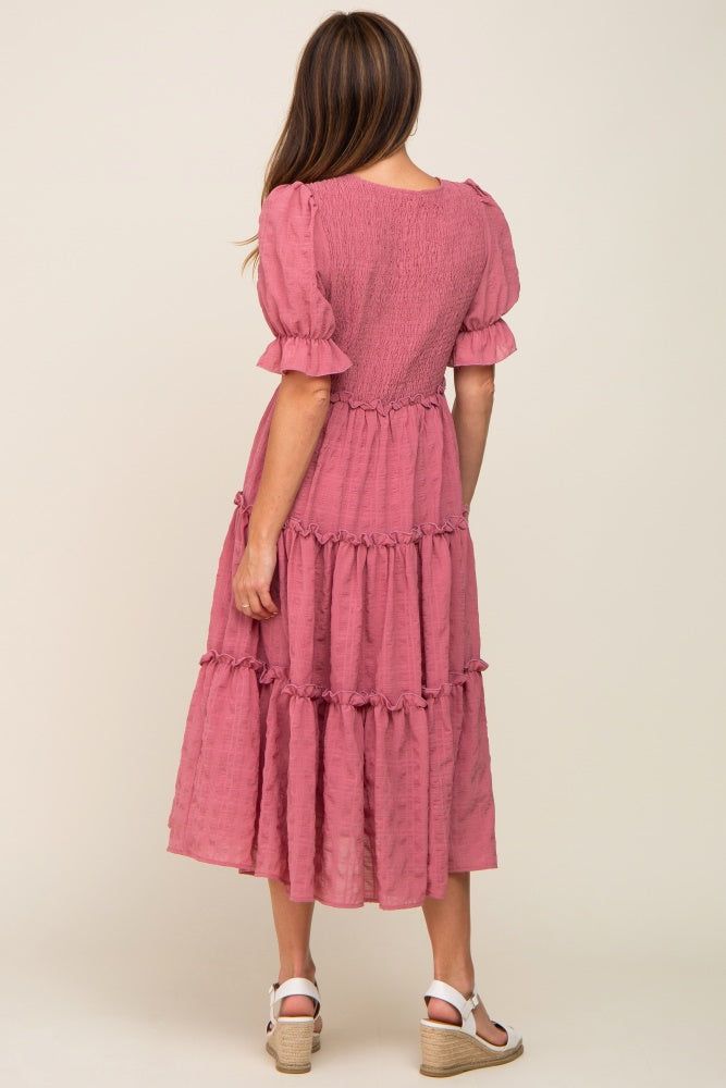 Mauve Smocked Puff Sleeve Tiered Midi Dress sold by Pinkblush product image thumbnail 3