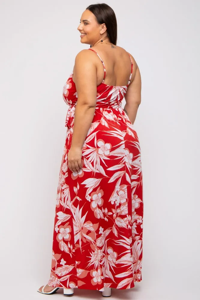 Red Floral Palm Print Wrap Plus Maxi Dress sold by Pinkblush product image thumbnail 4