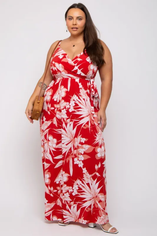 Red Floral Palm Print Wrap Plus Maxi Dress sold by Pinkblush
