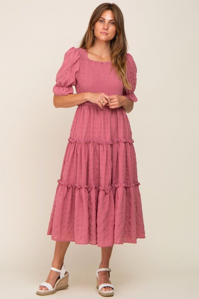 Mauve Smocked Puff Sleeve Tiered Midi Dress sold by Pinkblush product image thumbnail 4