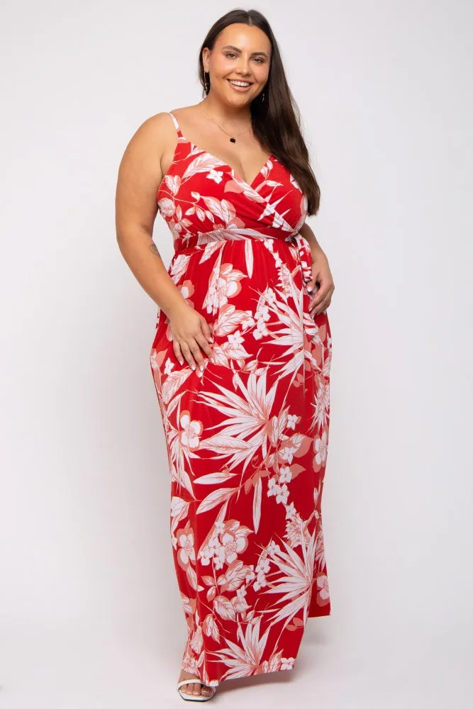 Red Floral Palm Print Wrap Plus Maxi Dress sold by Pinkblush product image thumbnail 5
