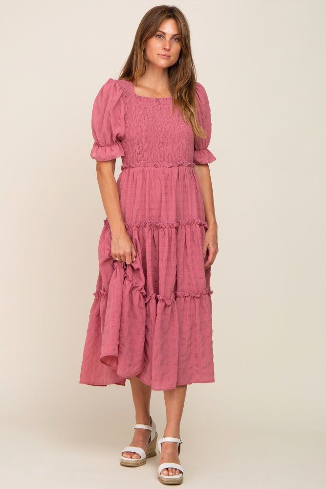 Mauve Smocked Puff Sleeve Tiered Midi Dress sold by Pinkblush