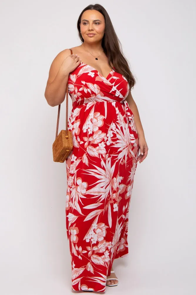 Red Floral Palm Print Wrap Plus Maxi Dress sold by Pinkblush product image thumbnail 2