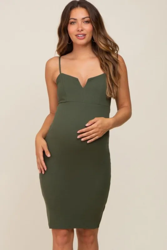 Olive V-Neck Fitted Sleeveless Maternity Dress sold by Pinkblush
