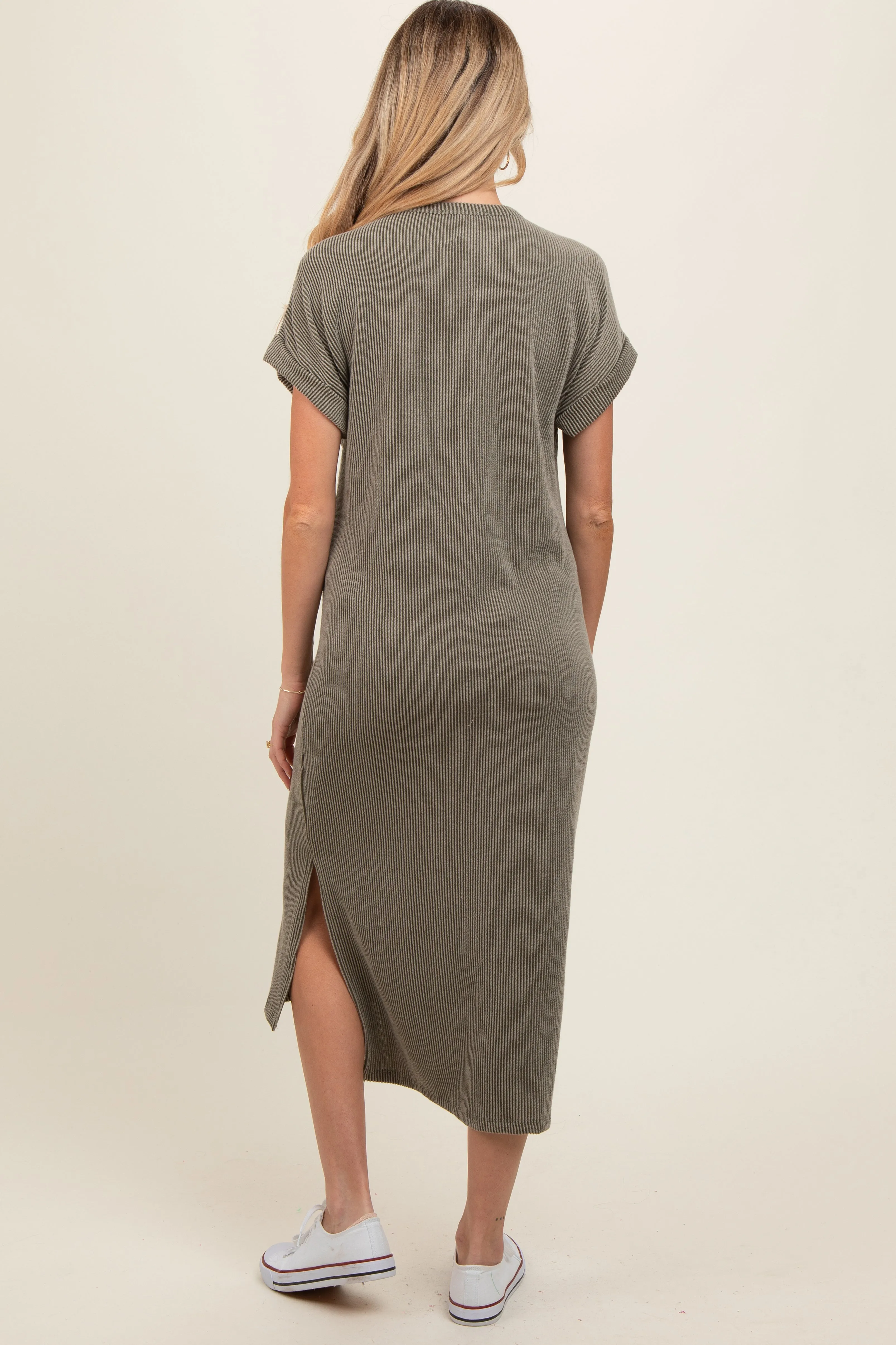 Olive Ribbed Short Sleeve Maternity Midi Dress sold by Pinkblush product image thumbnail 3