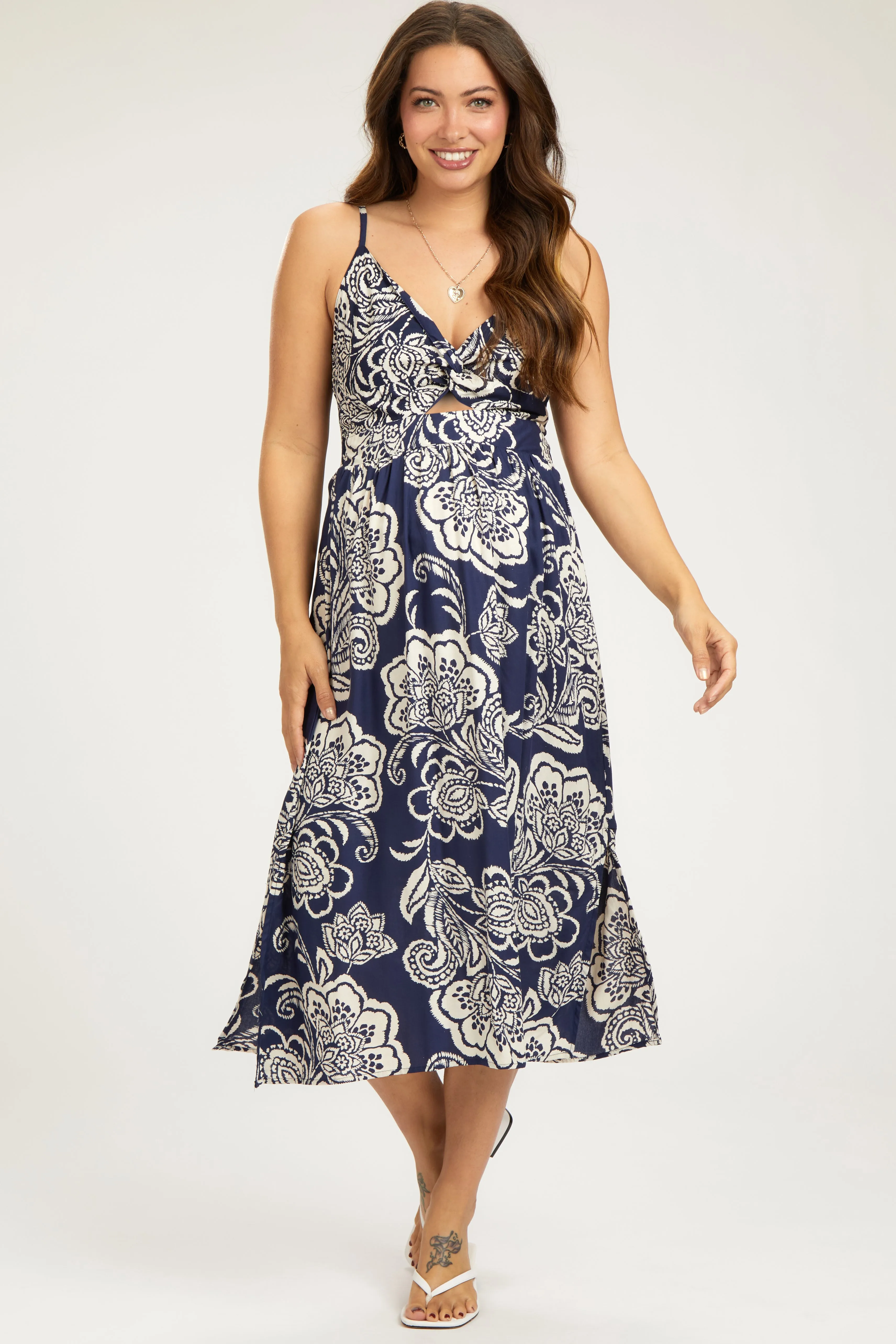 Navy Floral Front Twist Maternity Midi Dress sold by Pinkblush