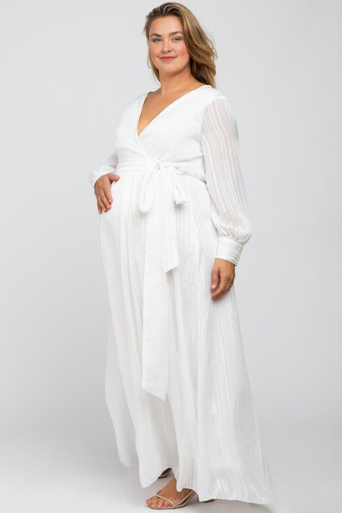 White Metallic Striped Chiffon Maternity Plus Maxi Dress sold by Pinkblush product image thumbnail 2