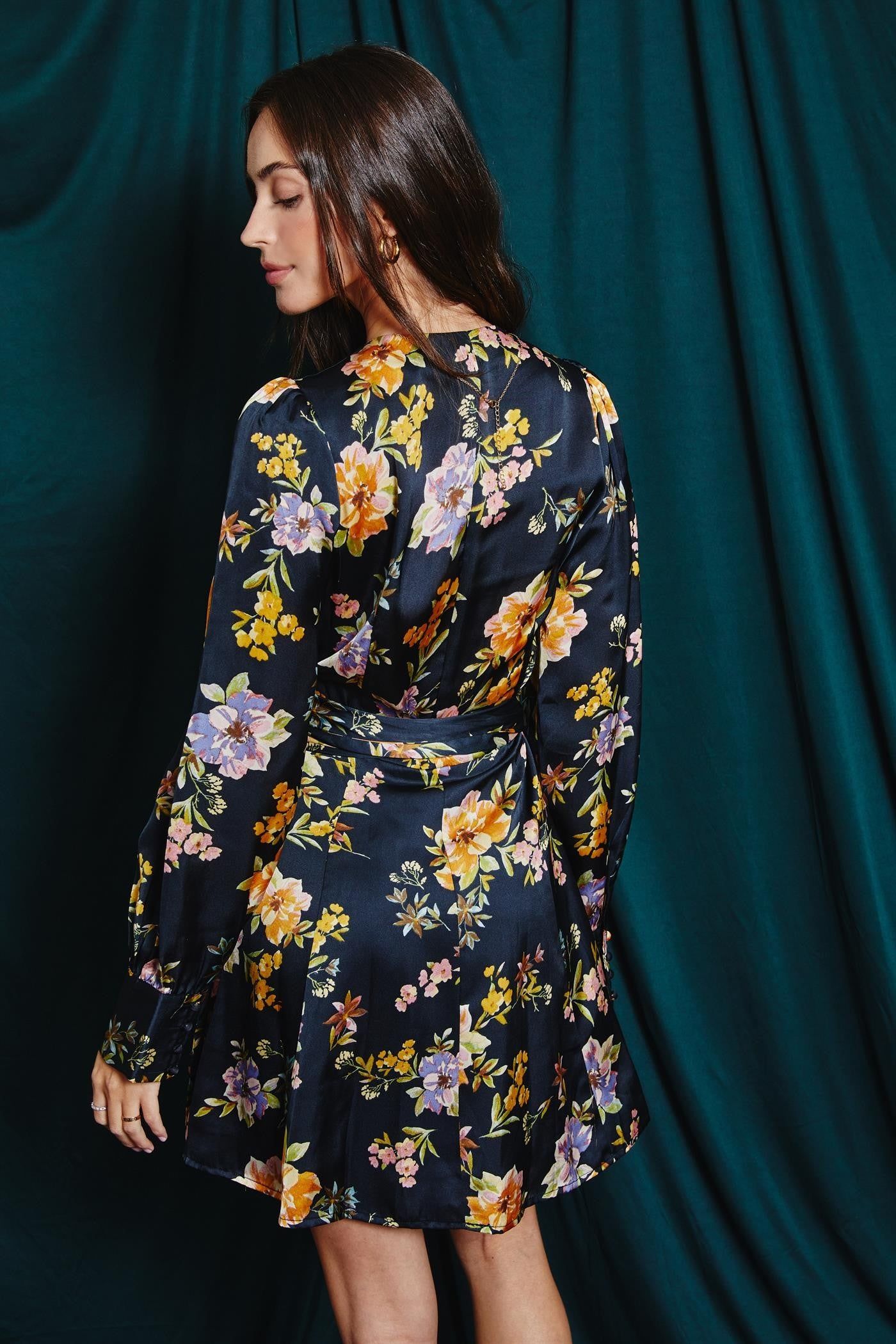 Midnight Garden Satin Floral Mini Wrap Dress sold by Pinkblush product image thumbnail 2
