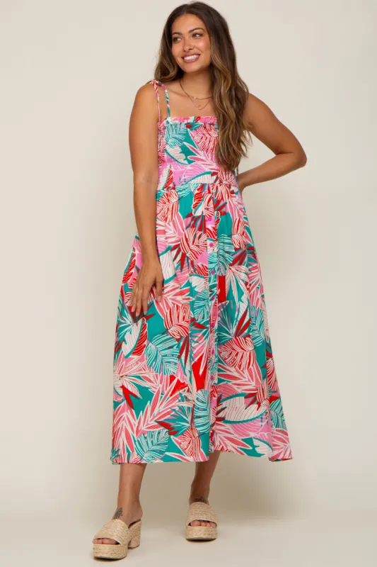 Turquoise Leaf Print Button Accent Maternity Maxi Dress made by Pinkblush