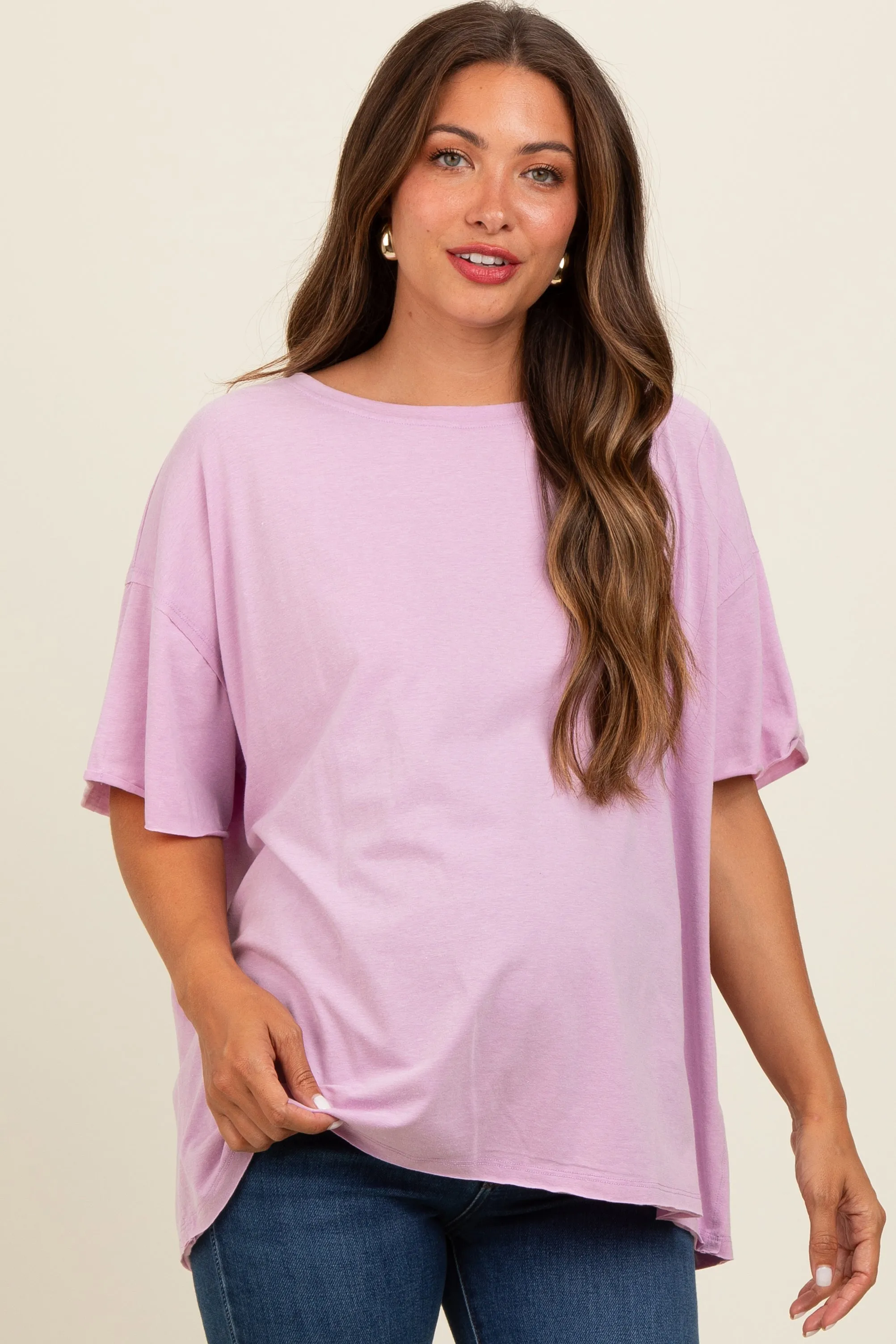 Lavender Raw Rolled Hem Maternity Top sold by Pinkblush