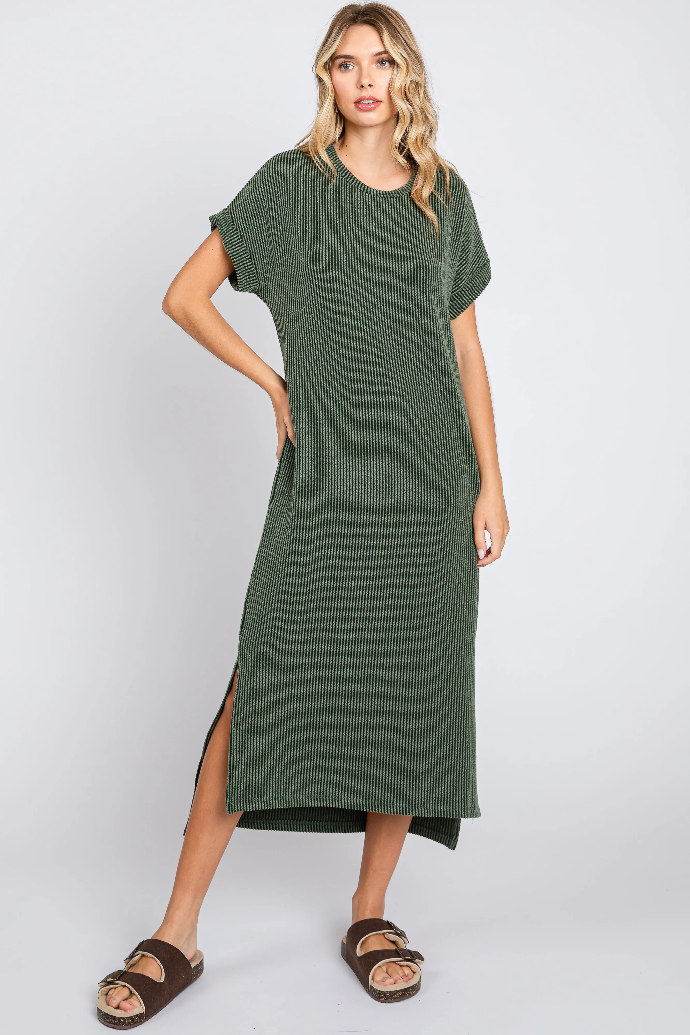 Olive Ribbed Short Sleeve Maternity Midi Dress sold by Pinkblush product image thumbnail 4