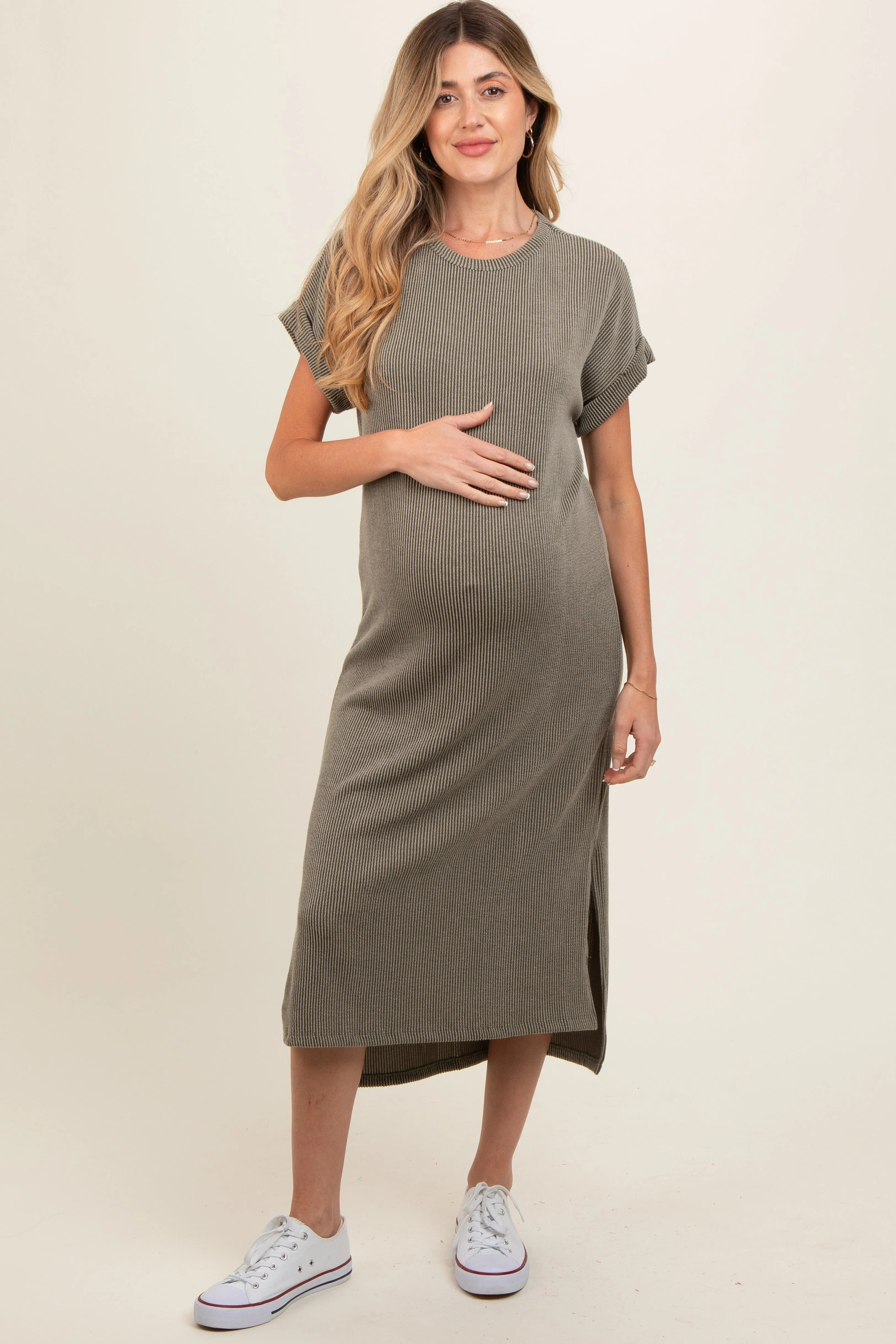 Olive Ribbed Short Sleeve Maternity Midi Dress sold by Pinkblush