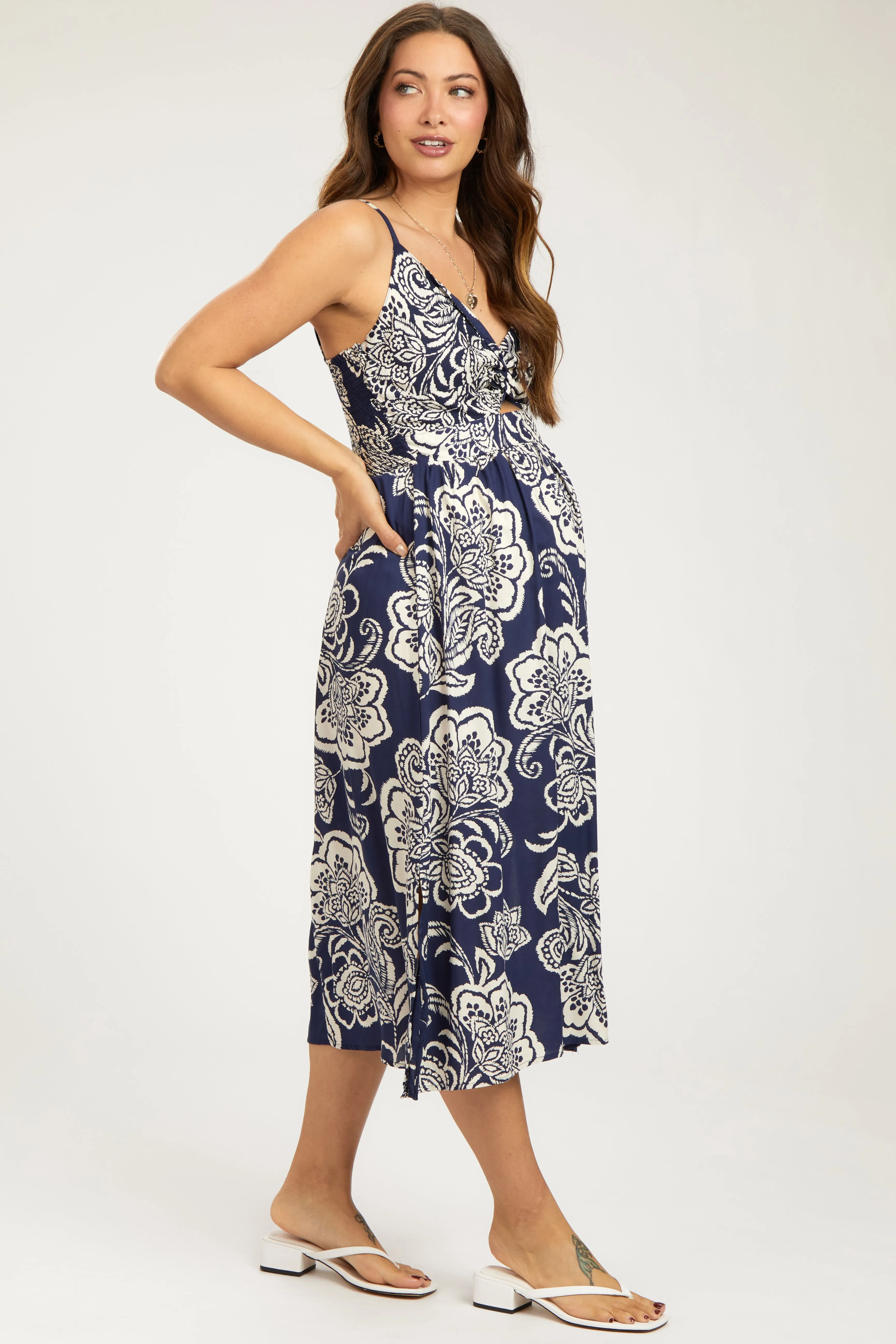 Navy Floral Front Twist Maternity Midi Dress sold by Pinkblush product image thumbnail 2