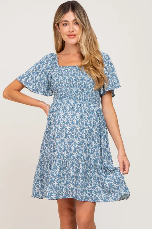 Blue Floral Print Smocked Maternity Dress sold by Pinkblush