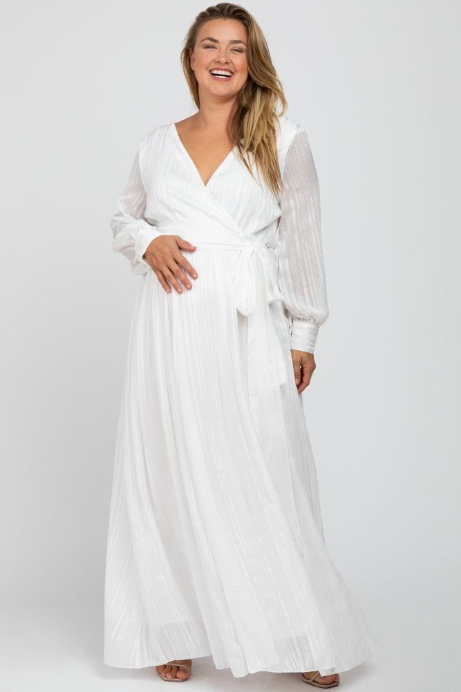White Metallic Striped Chiffon Maternity Plus Maxi Dress sold by Pinkblush